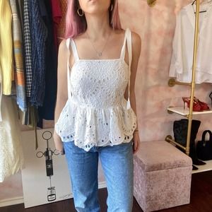 J. crew White Eyelet Peplum Button Back Tank Top